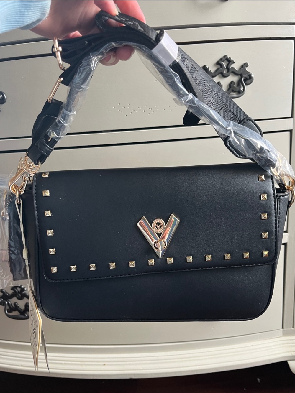 Valentino Orlandi Black Studded Crossbody Bag with Gold Hardware - Picture 3 of 5